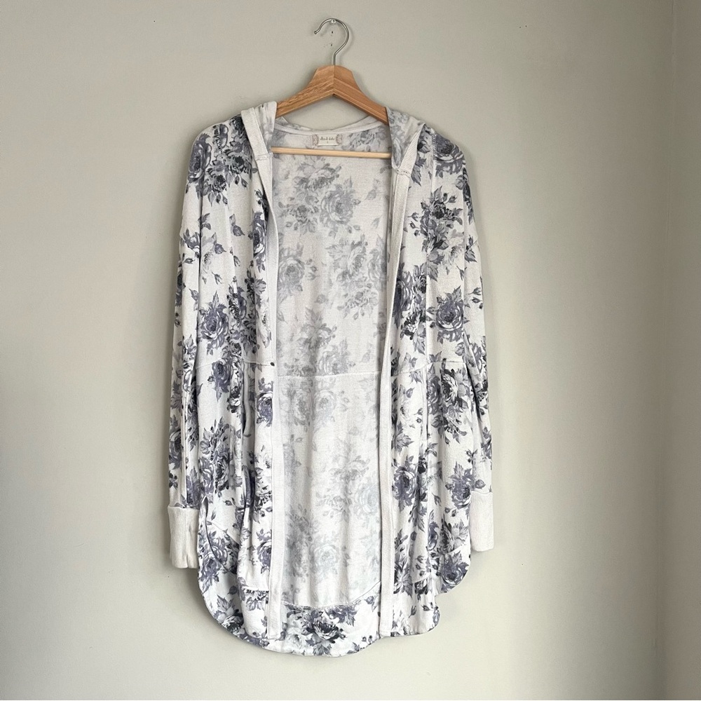 Altar'd State White Hooded Cardigan with Blue Floral Print
